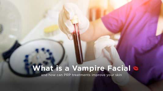 Image of woman laying down and receiving a PRP Vampire Facial treatment with a red background text box with text reading 'What is a Vampire Facial and how can PRP treatments improve your skin?'