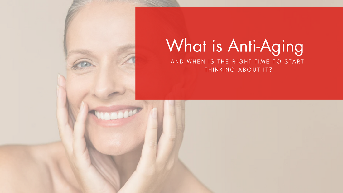 Image of woman holding face and smiling with red text box overlay with words "What is Anti-Aging and when is the right time to start thinking about it?"