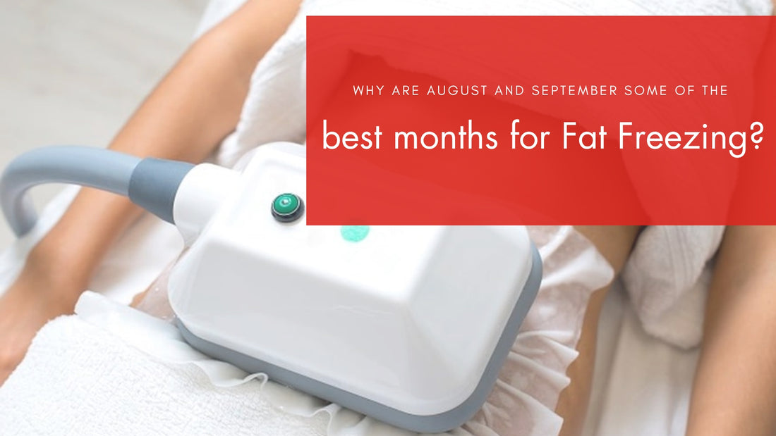 Image of person receiving Fat Freezing treatment with red text box overlay with words "Why are August & September some of the best months for fat Freezing?"